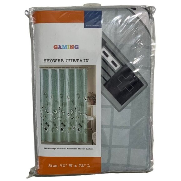 Gamer Shower Curtain Video Game Hook Set Fabric Curtain 70 X 72 Green Grey Mult - Picture 3 of 15